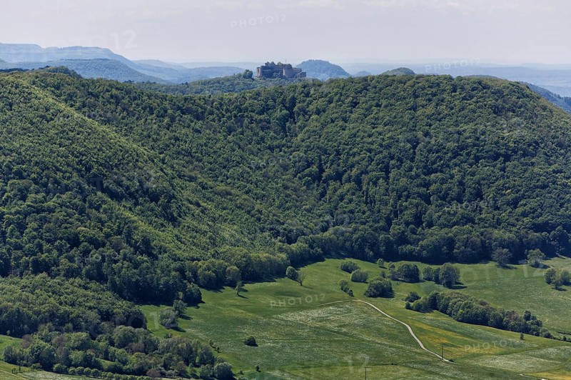 View of the forest Albtrauf Swabian Alb with Hohenneuffen Castle