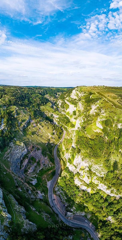 Panorama of Cliff Road and valey in Cheddar Gorge and Caves