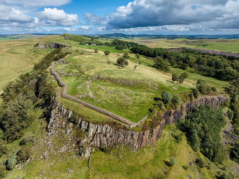 Aerial view of Hadrian's Wall at Walltown Crags