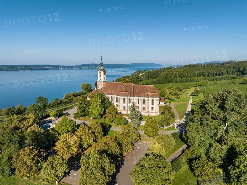Aerial view of the Birnau pilgrimage church on Lake Constance