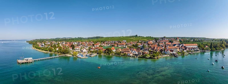 Aerial panorama of the Lake Constance municipality of Hagnau with the jetty