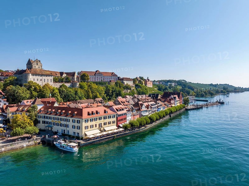 Aerial view of the town of Meersburg with the historic castle and the lake promenade