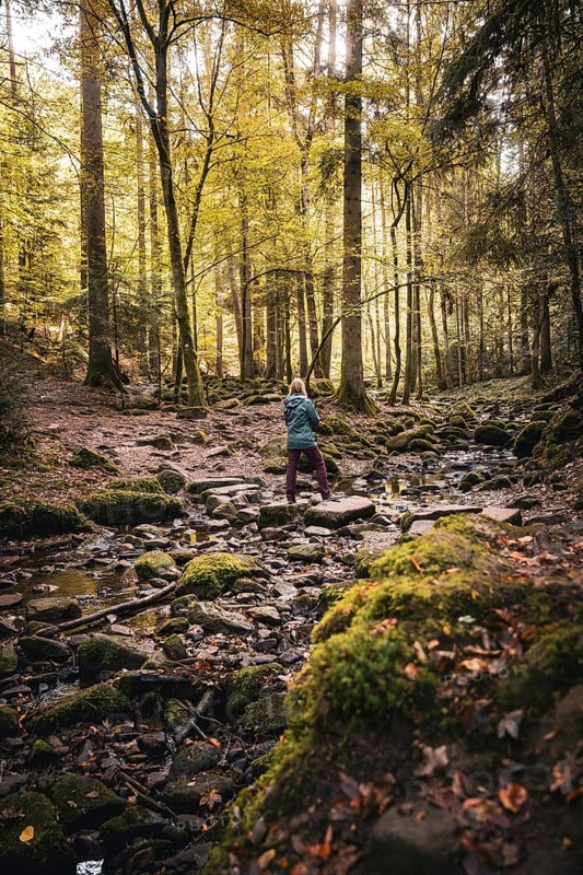 Woman standing on stones in the river autumn forest