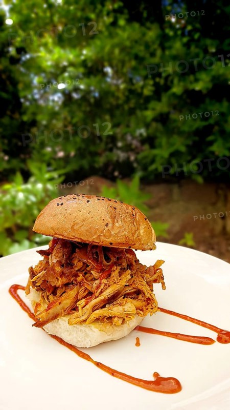 Pulled chicken burger on a plate