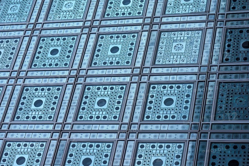 Detail of the decorative glass façade of the Arab World Institute