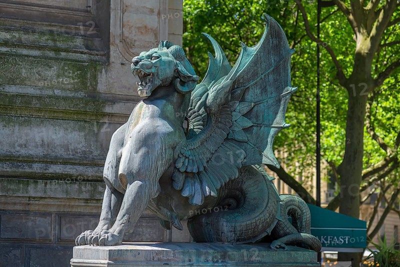 Fantasy figure at the Saint Michael Fountain by architect Gabriel Davioud