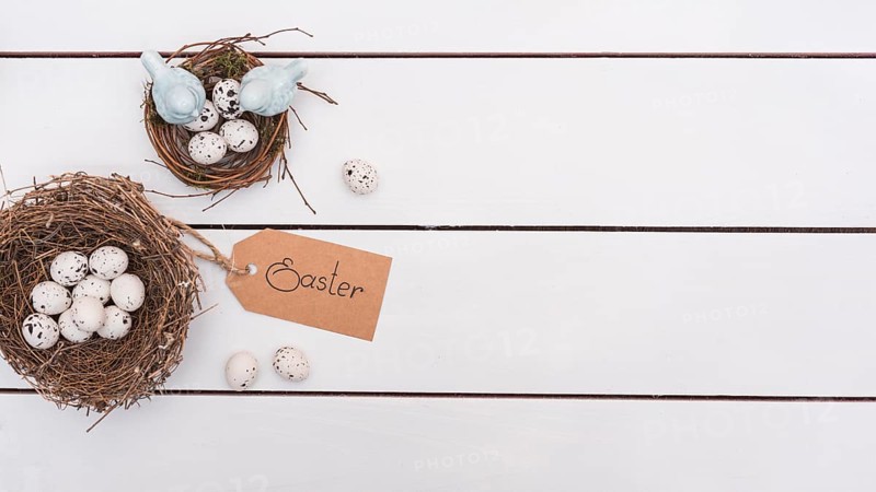 Easter inscription with quail eggs nests