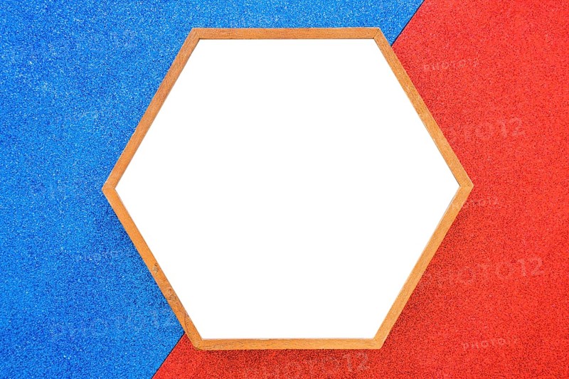 Empty wooden hexagon frame red blue background