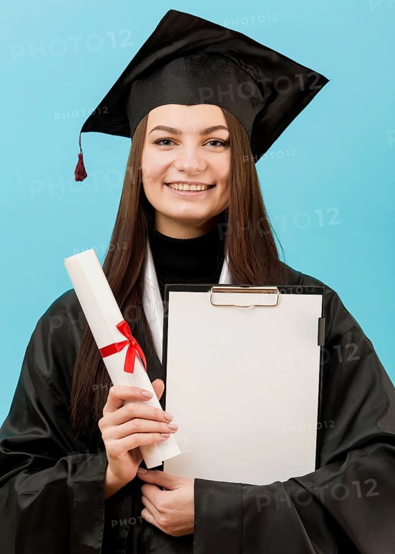 Girl holding clipboard diploma