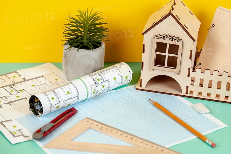 High angle architectural objects desk