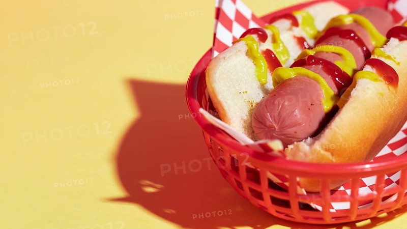 High angle arrangement with tasty hot dog basket