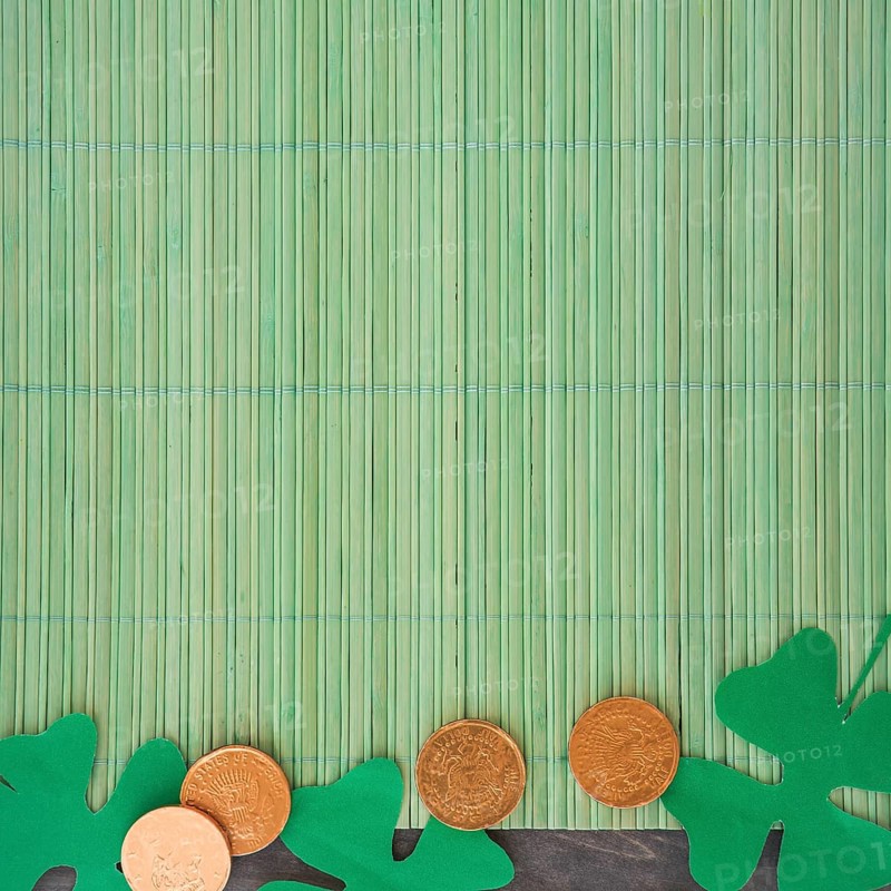 Paper clovers near coins bamboo mat