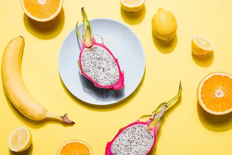Top view collection organic fruits table