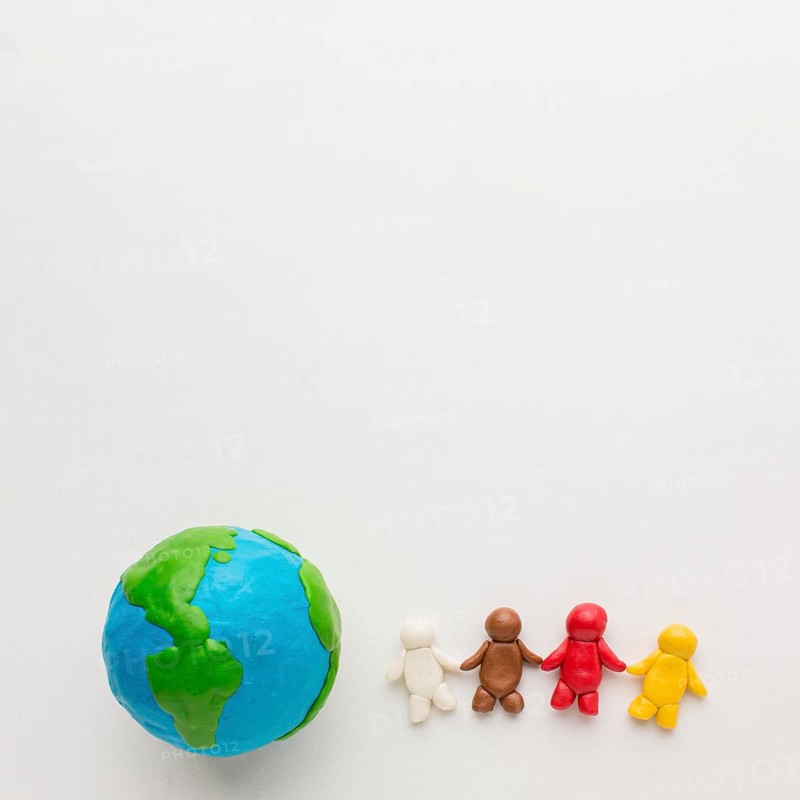 Top view plasticine globe people with copy space