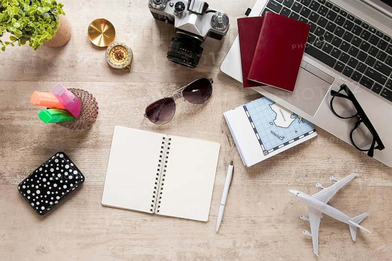 Travel items arrangement flat lay
