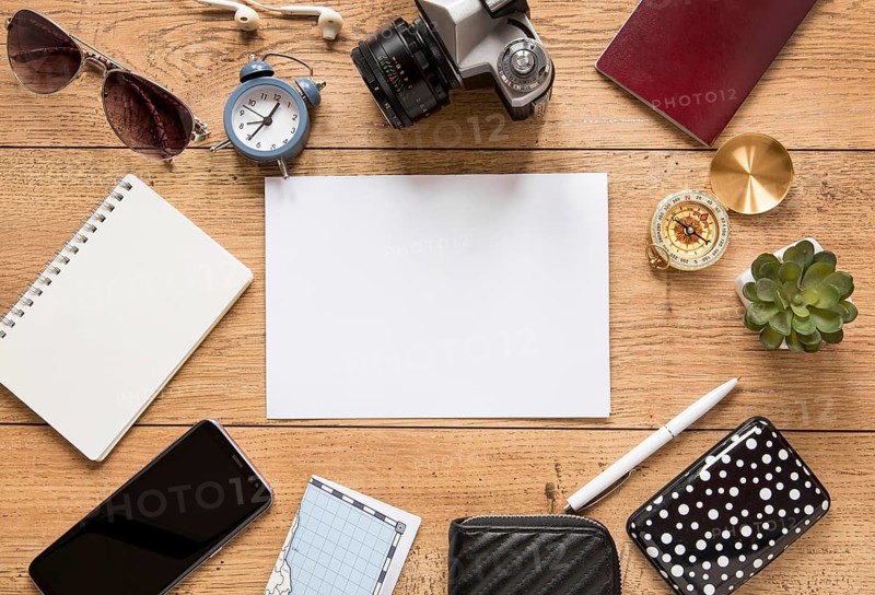 View traveling items wooden background