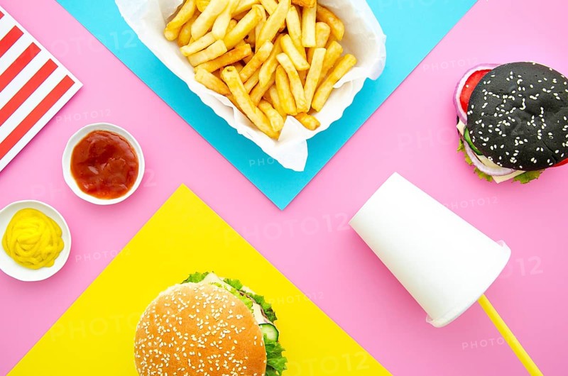 Flat lay hamburgers with fries