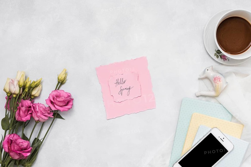 Hello spring inscription with roses coffee