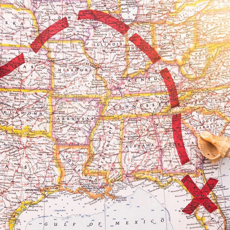 Red direction map with place marked