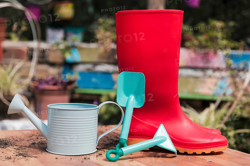 Red rubber boot blue shovel watering can table garden