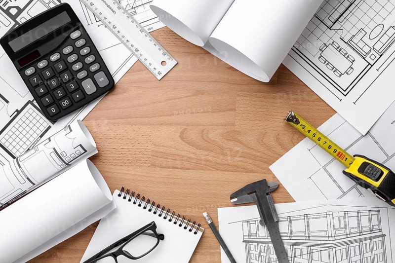 Technical plan drawing wooden background