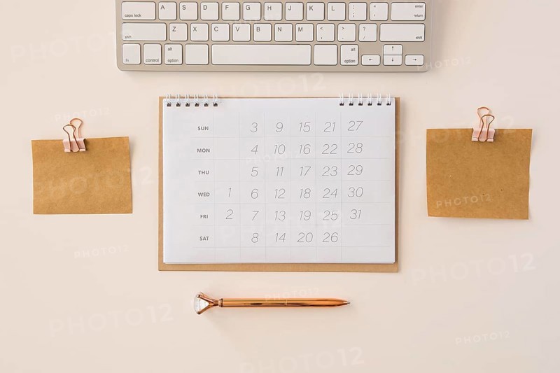 Top view desk calendar memory notes