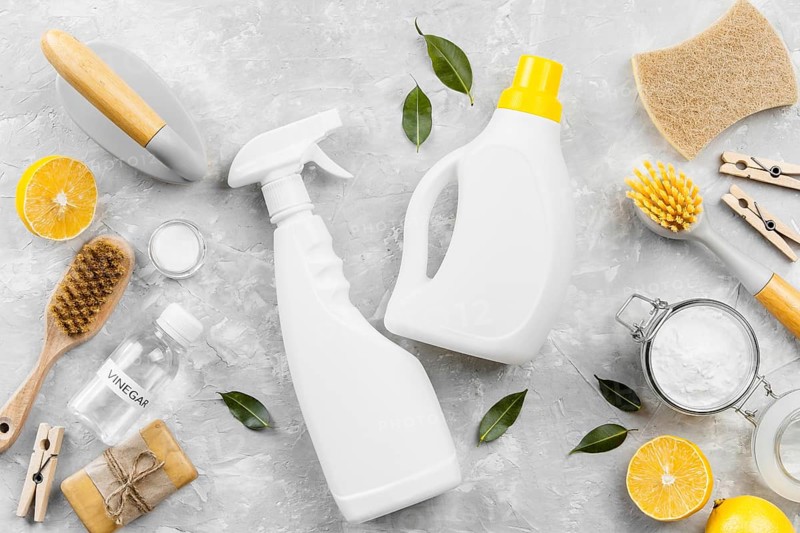 Top view eco friendly cleaning products with baking soda lemon