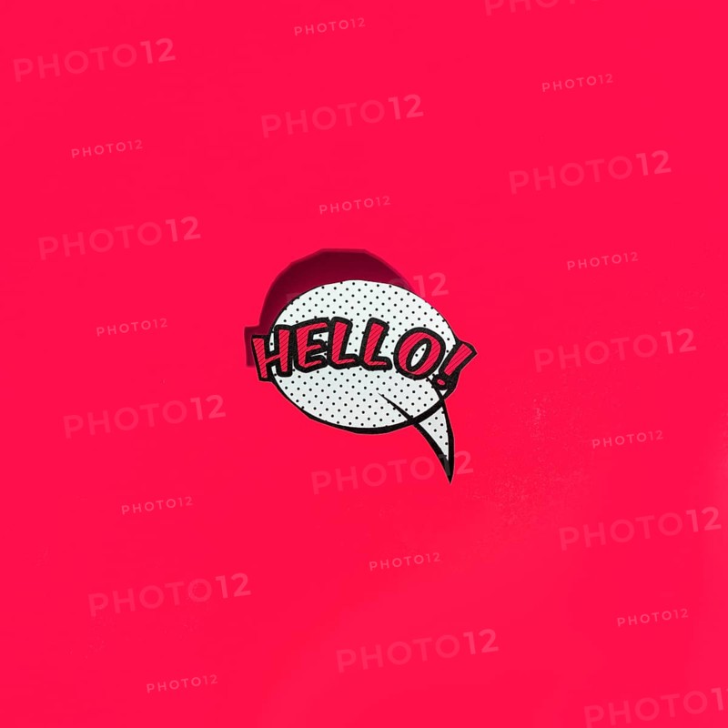 Vector speech bubble icon with hello greeting red background