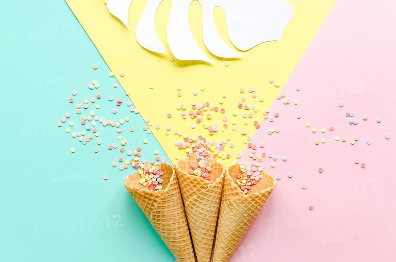 Waffle cones with sugar sprinkles palm leaf