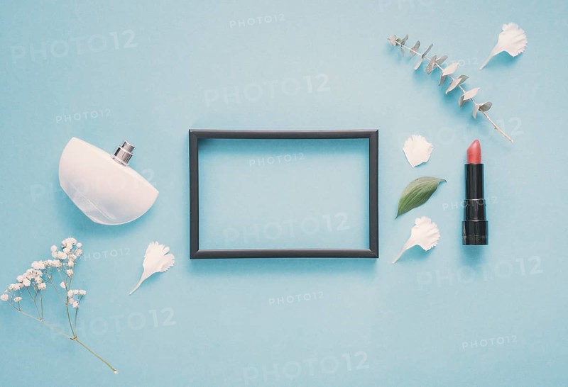 Blank frame with lipstick plants table