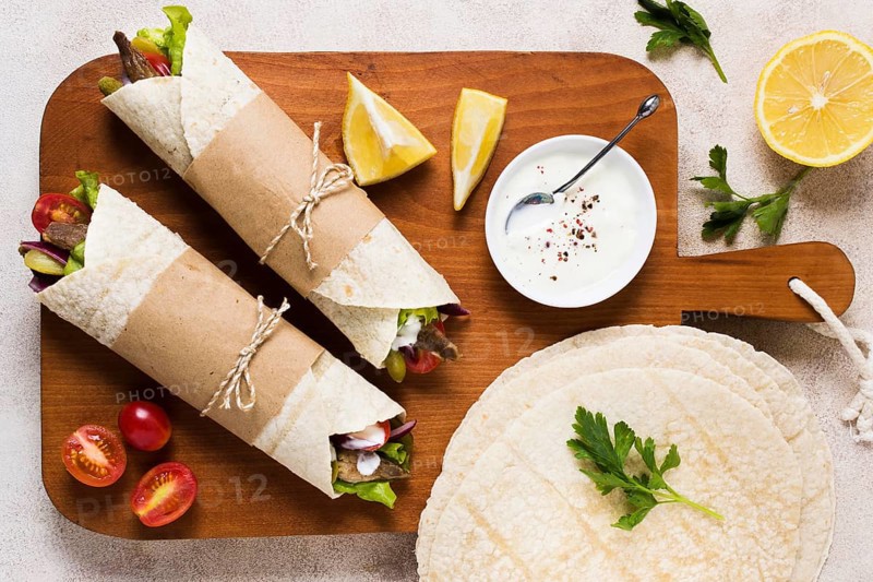 Delicious arabic fast food kebab top view