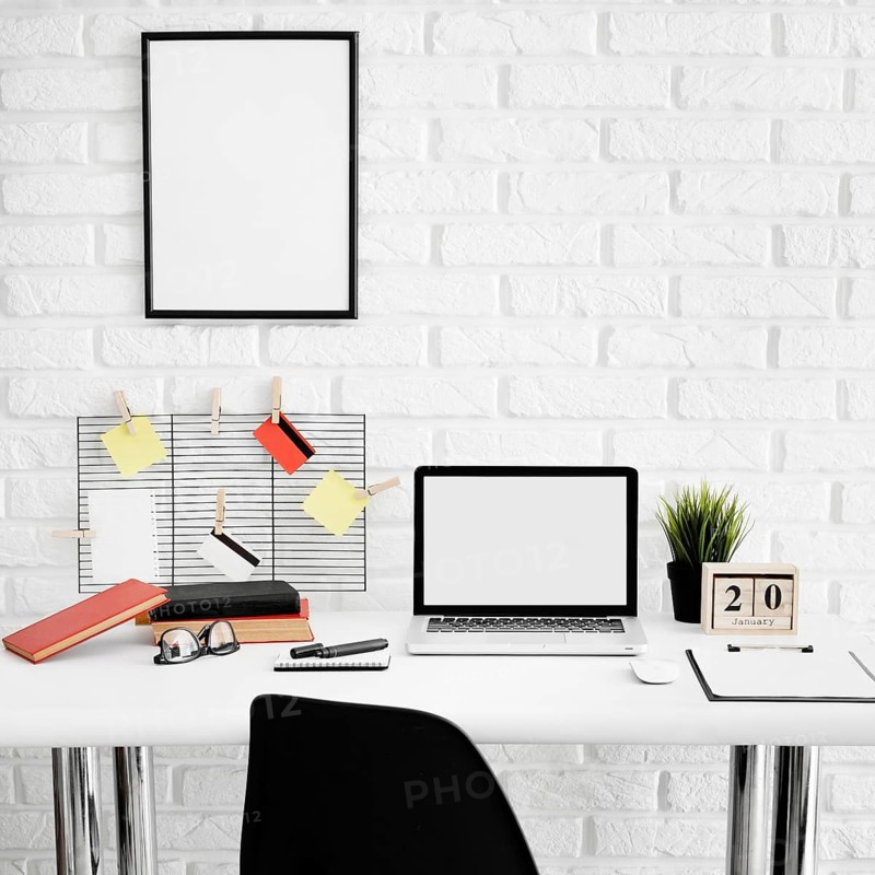 Front view office desk with laptop chair