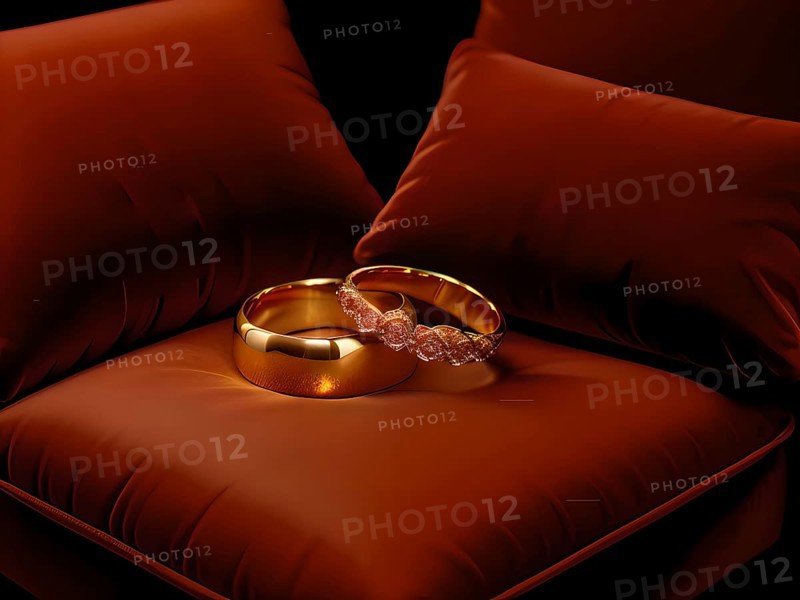 Golden wedding rings on red velvet cushions