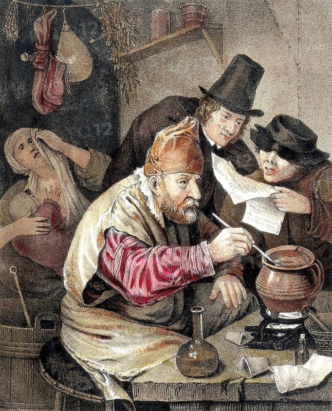 An alchemist bent over his crucible