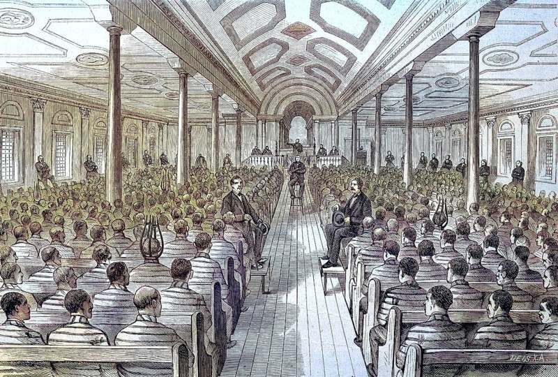 Convicts at Sunday worship service in the Chapel of the prison Sing Sing in the state of New York