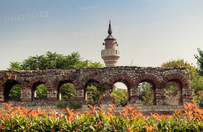 Minaretseen behind city walls of Constantinople in Istanbul