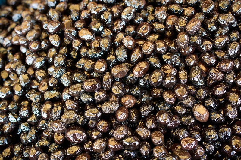 Turkish style prepared olives in the market stands