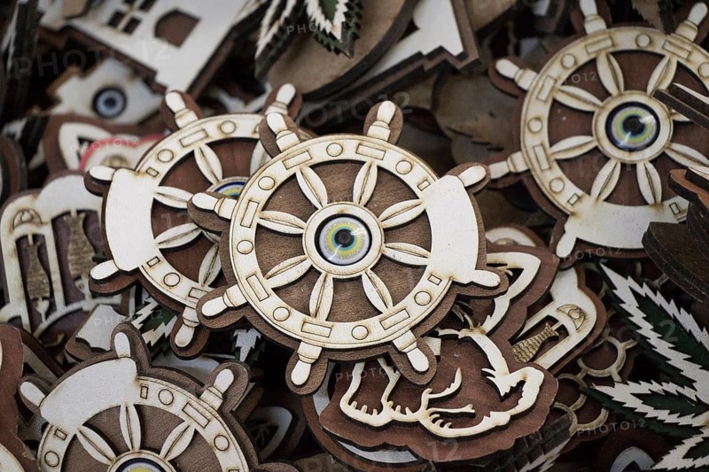 Set of wooden steering wheels of a boat
