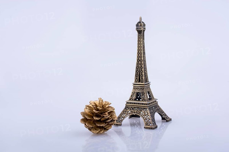 Little model Eiffel Tower and pine coneon a white background