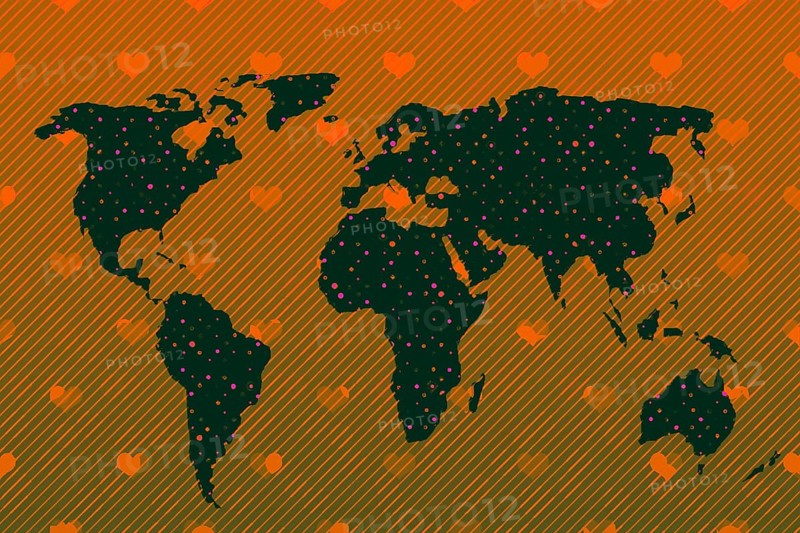 World map design with heart pattern. Earth with continents. Map of europe and america