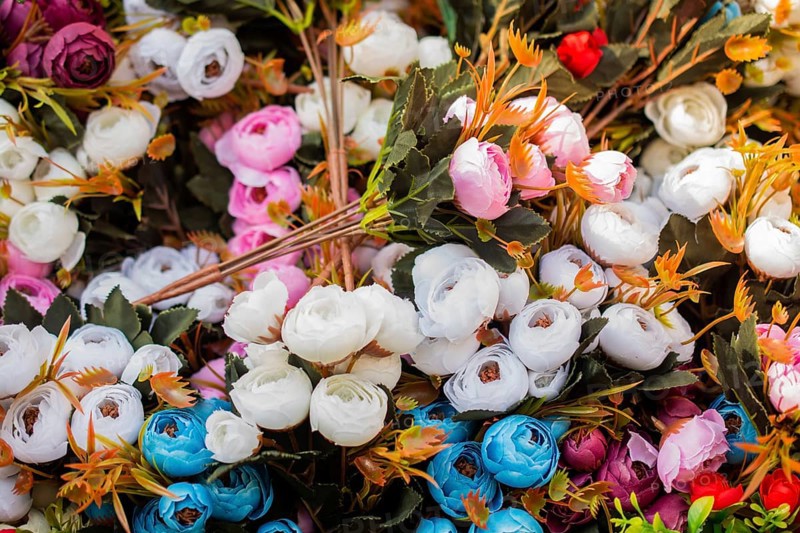Floral art made of colorful artificial roses in view