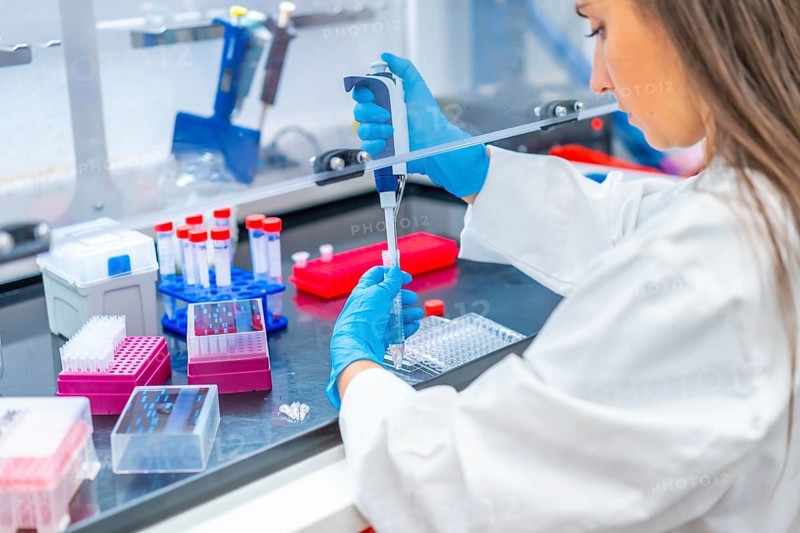 Rear view close-up of a female biologist pip petting cells in a laboratory