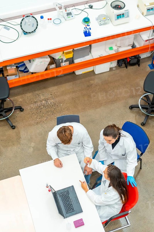 Vertical photo with top view of a team of biologist working with samples using laptop