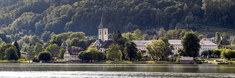 View over Lake Ossiach to Ossiach Abbey