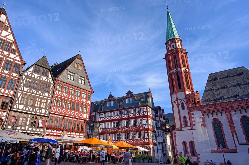 Colorful Half-timbered houses in Roemerberg square and Nikolai Church