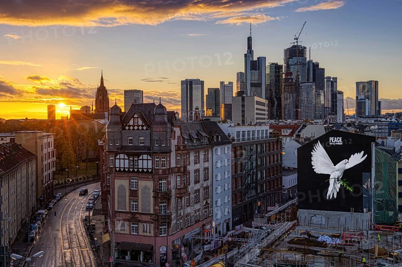 PEACE FOR ALL MANKIND is written above the image of a giant dove of peace on the wall of a house in Frankfurt am Main: a message of peace in the contemporary historical context of the escalated Middle East conflict and the ongoing war of aggression in Ukraine