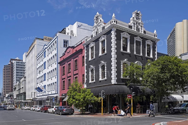 Restaurants and bars in Victorian buildings along Long Street in the City Bowl section of Cape Town