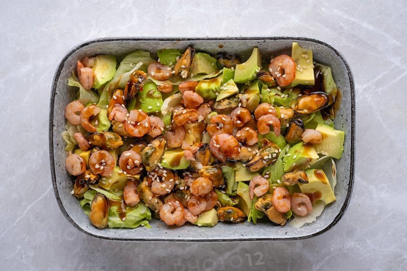 Top view of salad with shrimp