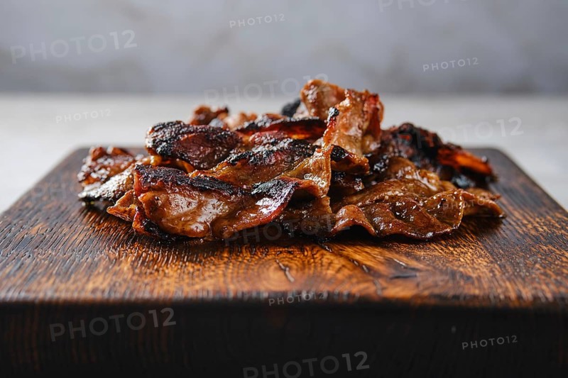 Closeup view of serving board with fried beef bacon strips