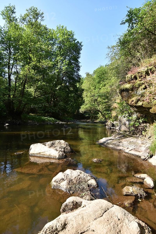 The river Nahe with rocks and vegetation on the Nohener-Nahe-Schleife hiking trail in Naheland